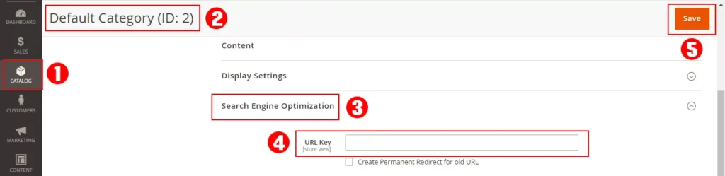 Magento admin panel screenshot showing how to configure category URL keys for enhanced SEO performance