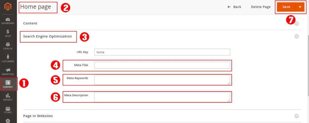 Screenshot of Magento Admin Panel displaying the SEO settings page for Page Meta Title, Meta Description, and Meta Keywords (Meta Tags).