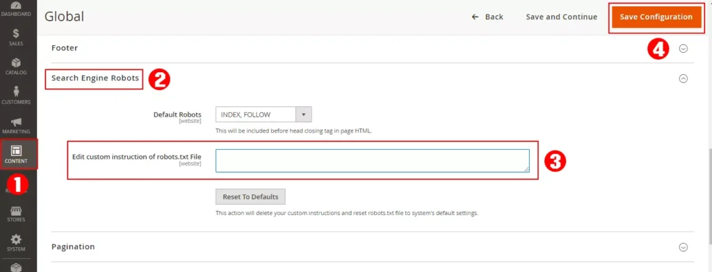 Magento admin panel screenshot showing the process of configuring the search engine robots.txt file for enhanced SEO performance