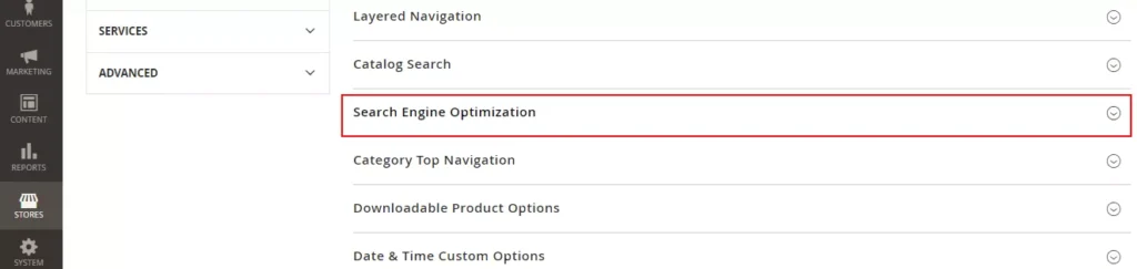 Magento admin panel screenshot demonstrating the process of expanding the Search Engine Optimization tab to configure canonical meta tag for improved SEO performance