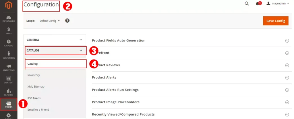 Magento admin panel screenshot illustrating step-by-step process to configure canonical meta tag for optimal SEO performance