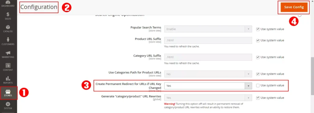 Magento admin panel screenshot demonstrating the process of configuring permanent redirects for URLs to improve SEO performance