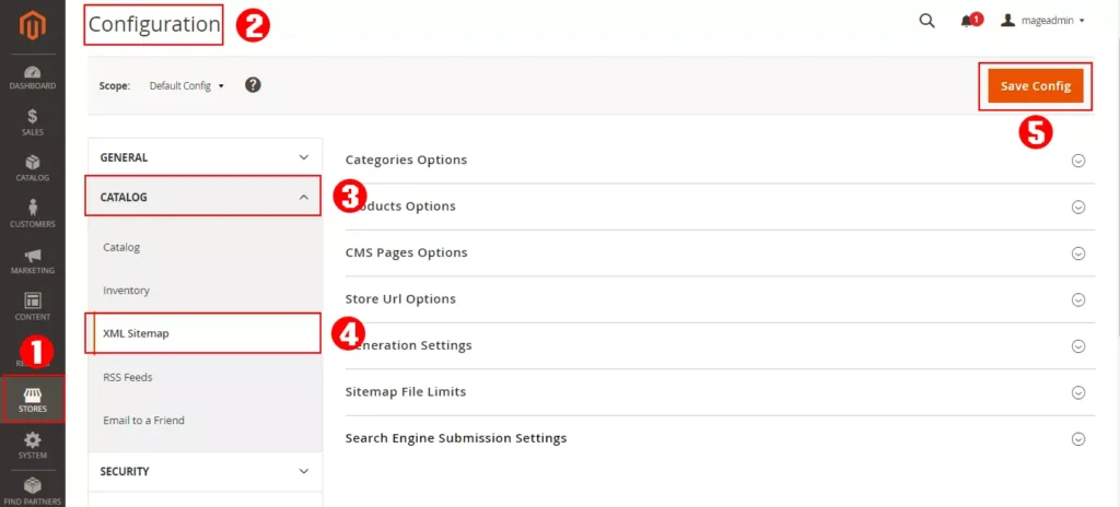 Magento admin panel screenshot demonstrating the process of configuring XML sitemaps for improved SEO performance