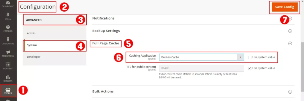 Magento admin panel screenshot showing the process of enabling Magento's built-in full page cache for improved website speed and SEO performance