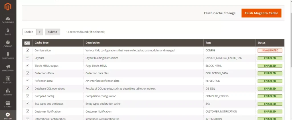 Magento admin panel screenshot showing the process of enabling cache management for improved website speed and SEO performance