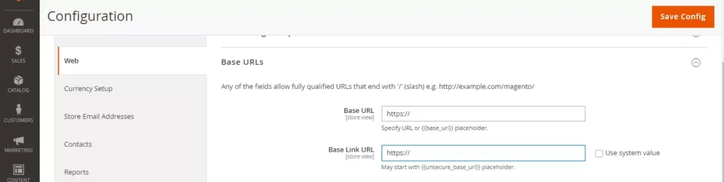 Magento admin panel screenshot demonstrating the process of configuring the HTTPS base URL unsecure for enhanced website security and SEO performance
