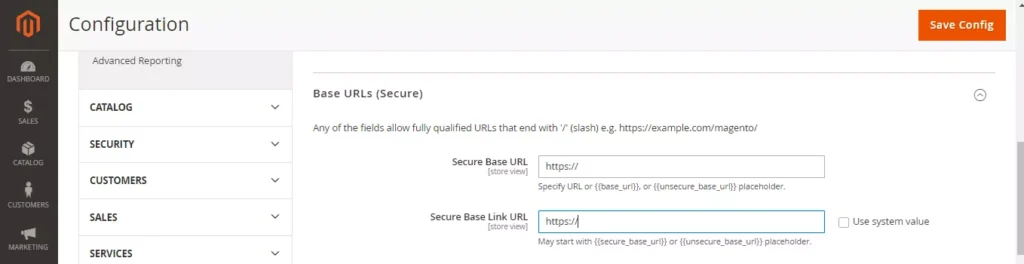 Magento admin panel screenshot showcasing the process of configuring the HTTPS base URL secure for enhanced website security and SEO performance