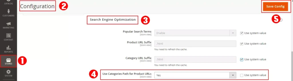 Magento admin panel screenshot showcasing the steps to configure category path for product URLs to improve SEO performance