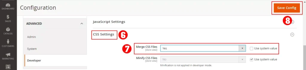 Magento admin panel screenshot illustrating the process of merging CSS files for improved website speed and SEO performance
