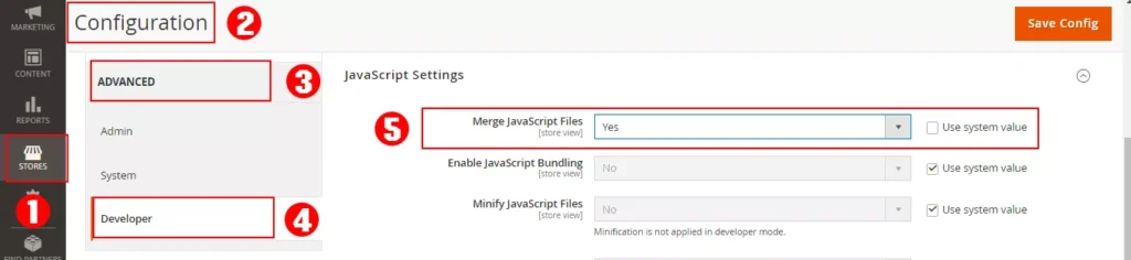 Magento admin panel screenshot demonstrating the process of merging JavaScript files for improved website speed and SEO performance