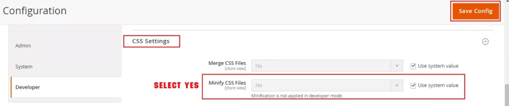 Magento admin panel screenshot showcasing the process of minifying CSS files for improved website speed and SEO performance