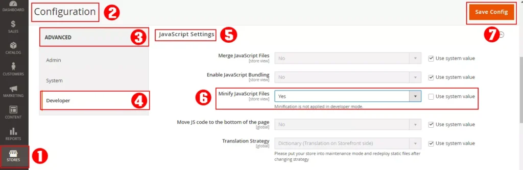 Magento admin panel screenshot demonstrating the process of minifying JavaScript files for improved website speed and SEO performance