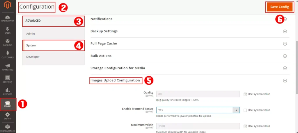 Magento admin panel screenshot demonstrating the process of optimizing images to reduce HTTP requests for improved website speed and SEO performance