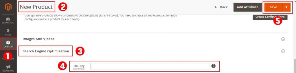 Magento admin panel screenshot illustrating steps to configure product URL keys for optimized SEO performance