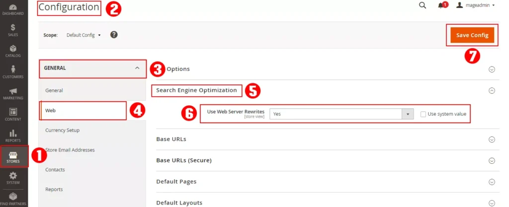 Magento admin panel showing step-by-step process to enable web server rewrites for creating SEO-friendly URLs