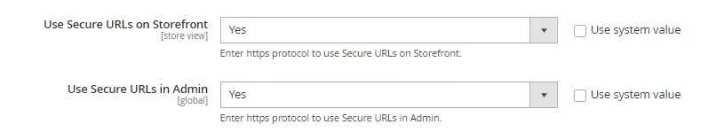 "Magento admin panel screenshot displaying settings to use secure URLs on store front and in Admin for improved website security and SEO performance