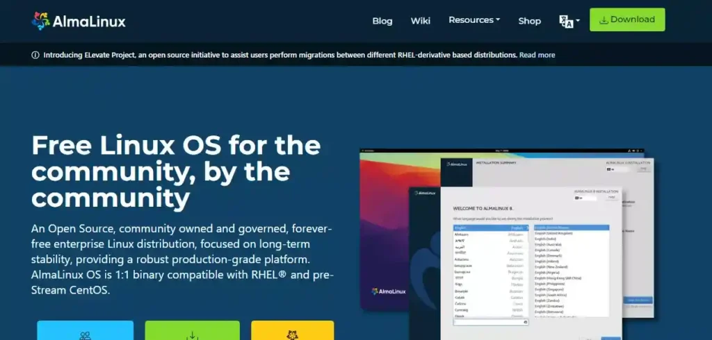 AlmaLinux Home Page - The Perfect Distribution among CentOS Alternatives - Screenshot