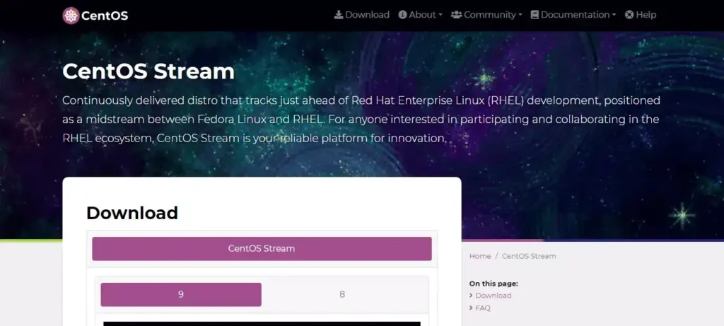 CentOS Stream website screenshot highlighting its unique features as an evolving CentOS alternative for a smooth Linux experience