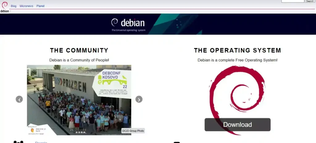 Debian Linux website screenshot showcasing its diverse features as a popular CentOS alternative for a seamless Linux experience