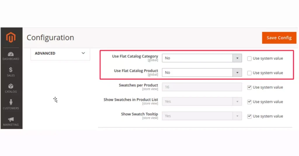A screenshot that shows the steps to disable flat catalogs in Magento, which can help improve website performance by reducing database queries.