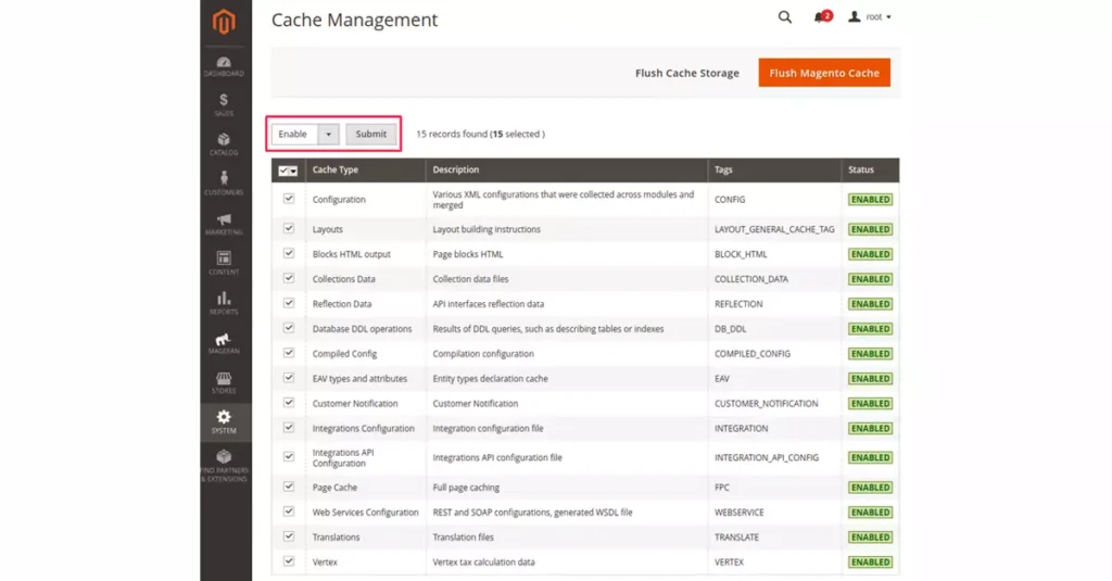 A screenshot that displays the steps for managing cache in Magento, which helps optimize website performance by reducing the time it takes to load pages.