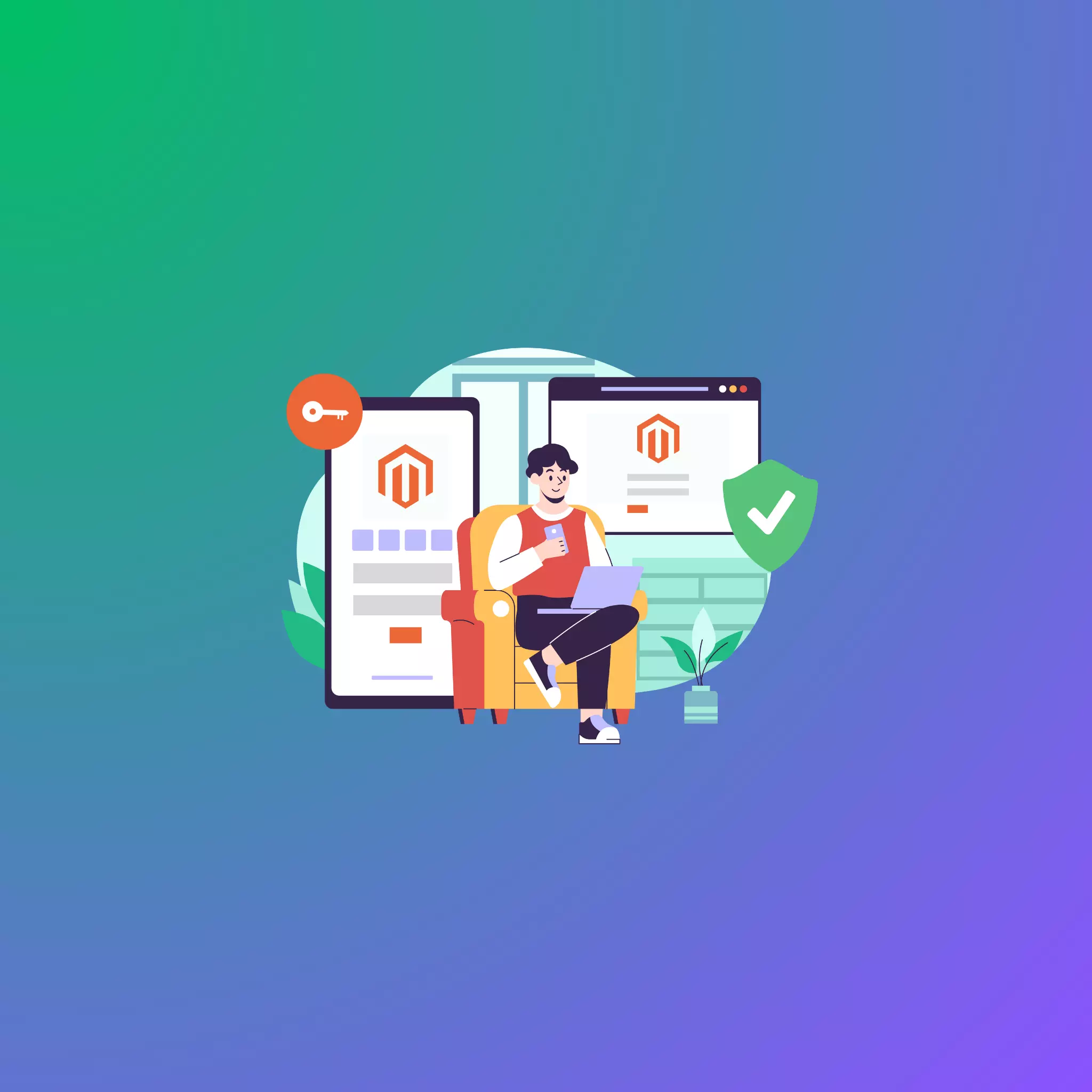 Illustration of a man using Magento 2fa on his laptop and phone for enhanced security