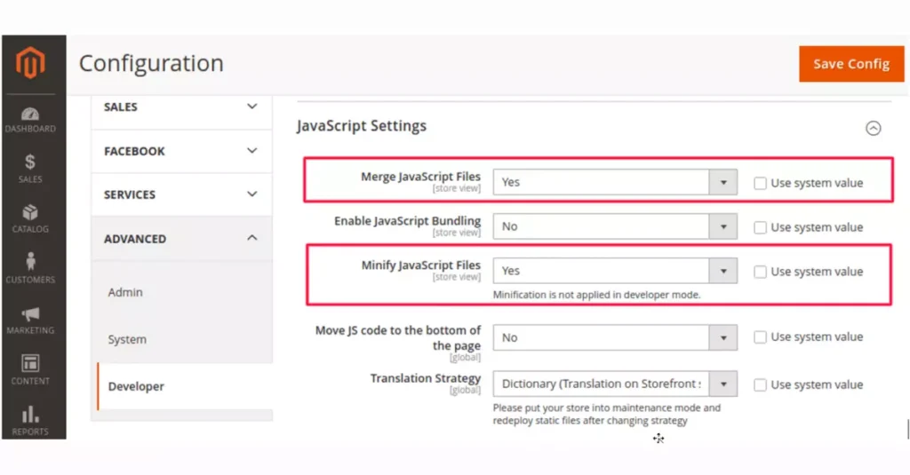 A screenshot that displays the steps for merging and minifying JavaScript and CSS files in Magento, which can help decrease website load time and improve overall performance.