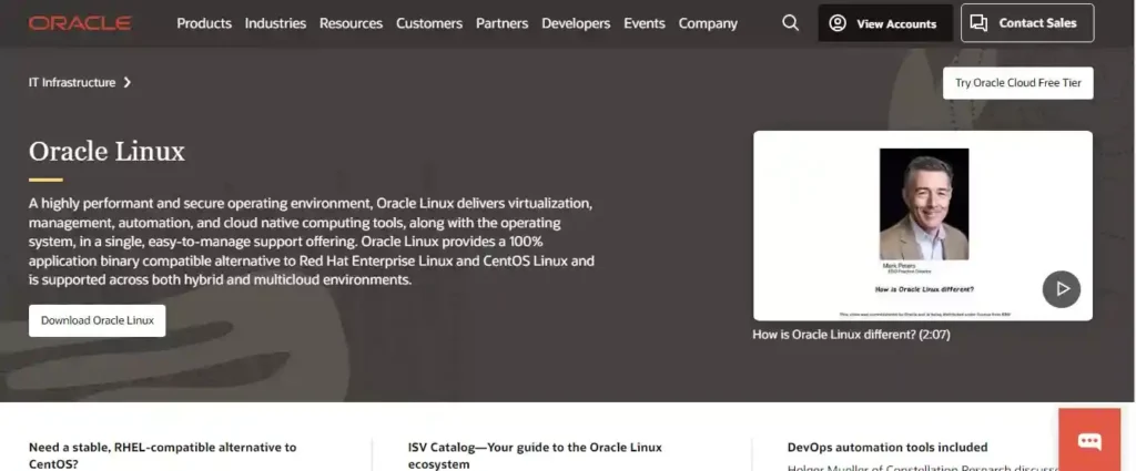 Oracle Linux website screenshot showcasing features and benefits for a seamless CentOS alternative experience