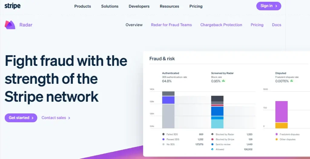 Screenshot of Stripe's Radar Fraud Protection Webpage - Highlighting Security Features in the Stripe vs PayPal Comparison