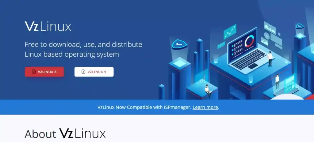 VzLinux website screenshot showcasing itself as a CentOS alternative and offering a seamless Linux experience