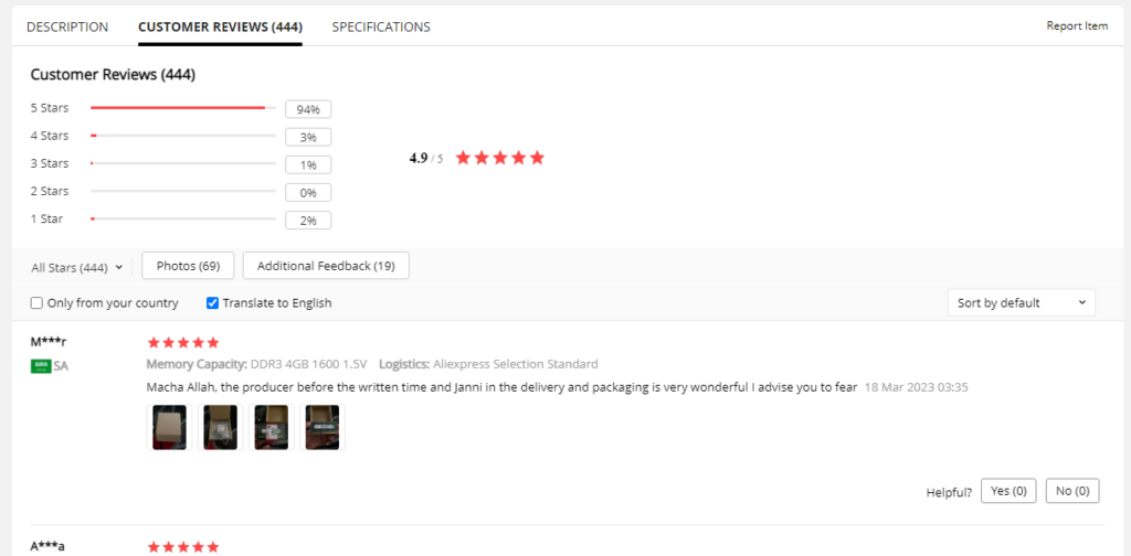 AliExpress supplier reviews screenshot showcasing customer feedback - highlighting the significance of reviewing for improved product quality in dropshipping