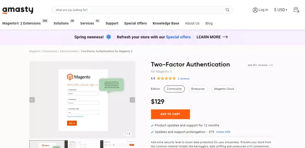 Screenshot of Amasty Two-Factor Authentication Extension for Magento Website