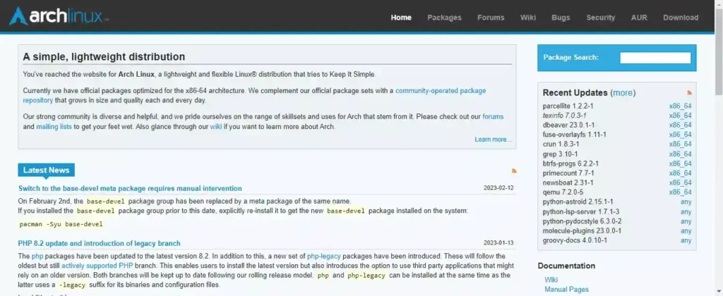 Arch Linux website screenshot - a powerful CentOS alternative for an optimized Linux experience