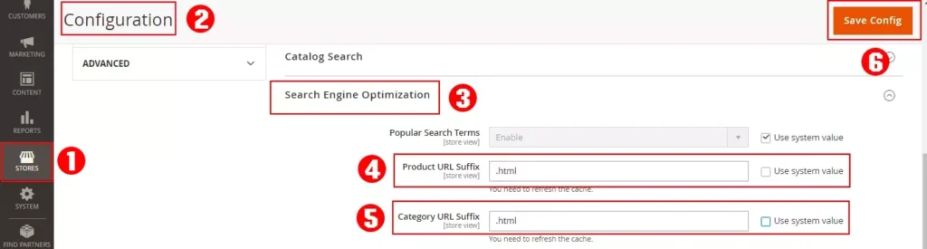 Magento admin panel screenshot demonstrating the process of configuring product and category URL suffix for optimized SEO performance