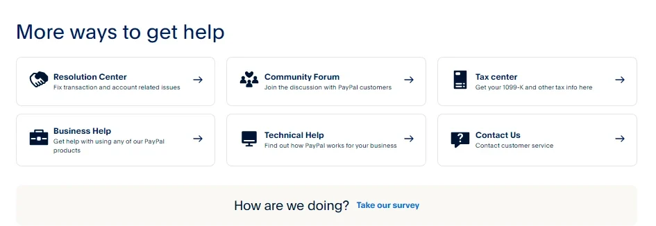 Screenshot of PayPal Customer Support Webpage - Assessing Help Resources in the Stripe vs PayPal Showdown