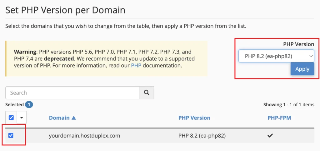 cPanel set PHP version