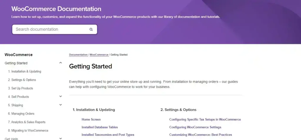 WooCommerce documentation webpage screenshot - Useful and informative resources for learning the ins and outs of WooCommerce eCommerce platform
