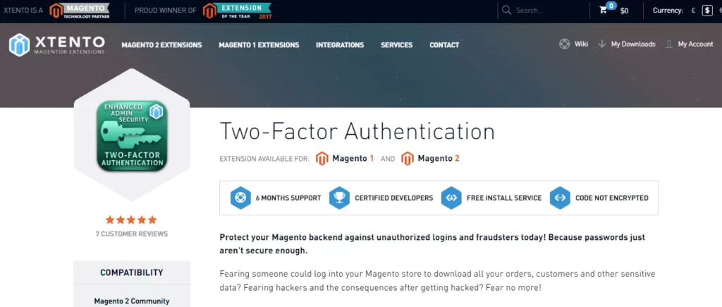 Screenshot of xtento Two-Factor Authentication (2FA) Extension webpage for Magento - Improved Security for Admin Login
