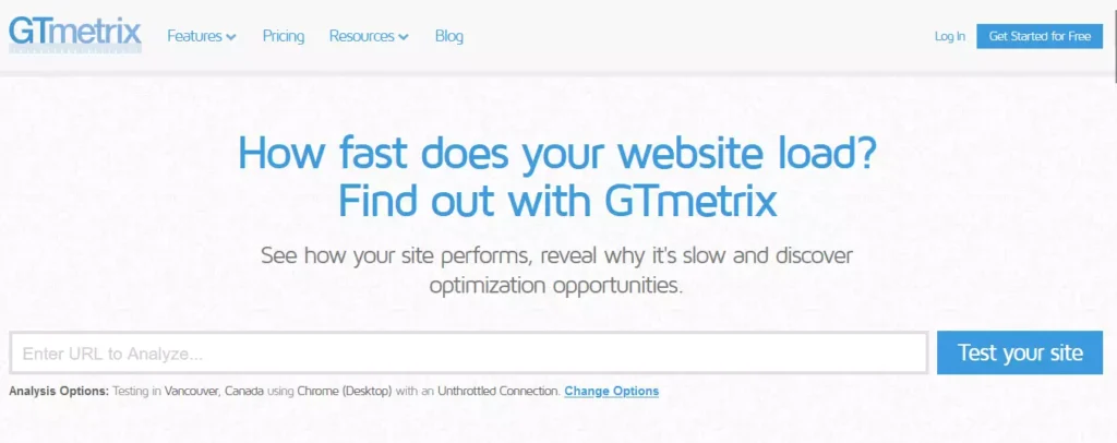 Screenshot of GTmetrix website. Analyze and optimize website speed and performance with this popular online tool. GTmetrix homepage.