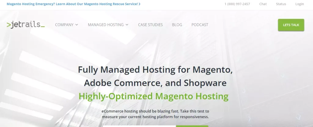 JetRails website homepage screenshot with optimized hosting solutions and services for e-commerce businesses