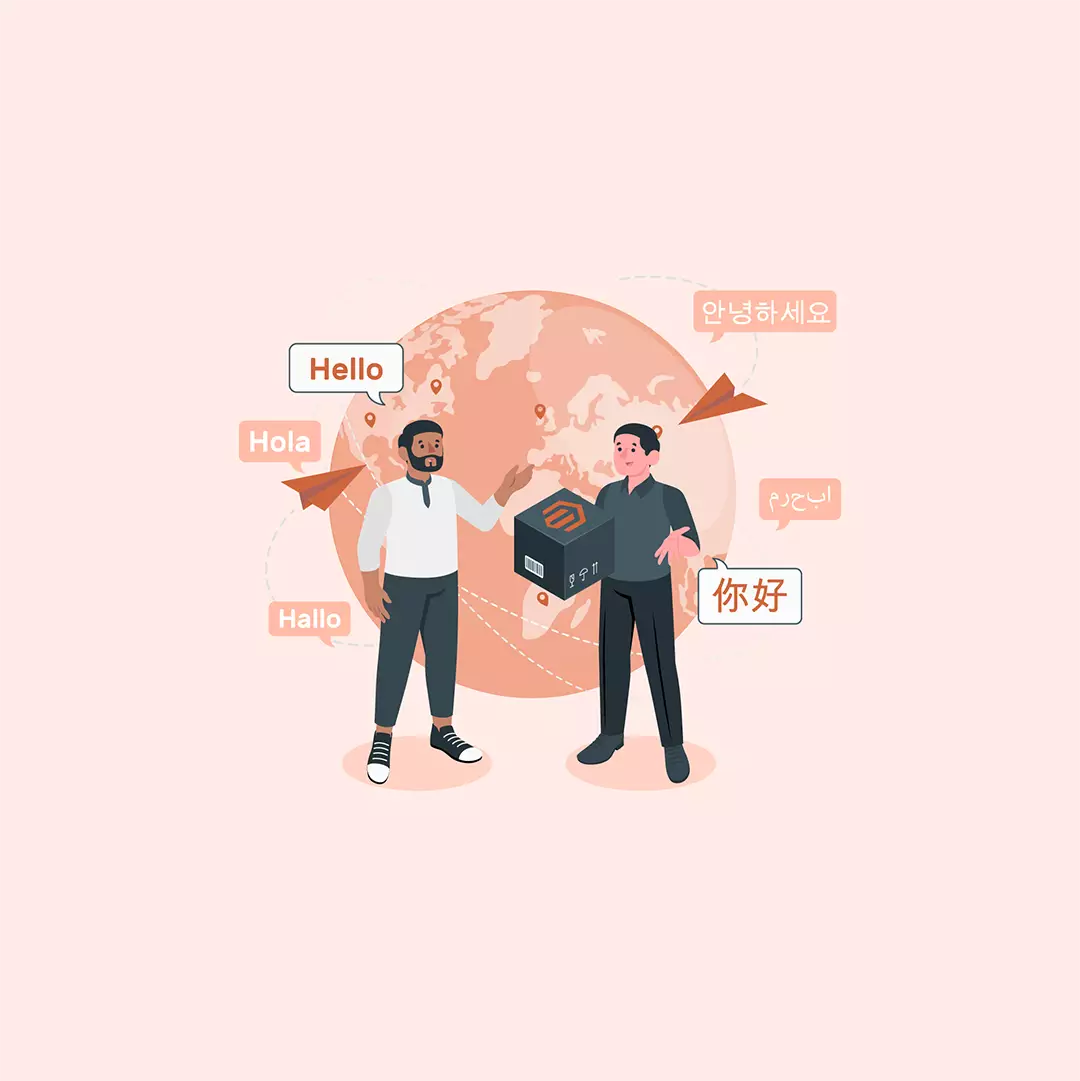 Feature image for " How to Configure Magento Multi Language Store " article, showcasing a globe representing global e-commerce, business people greeting each other in various languages, and chat boxes illustrating the importance of multilingual communication in Magento store setups.