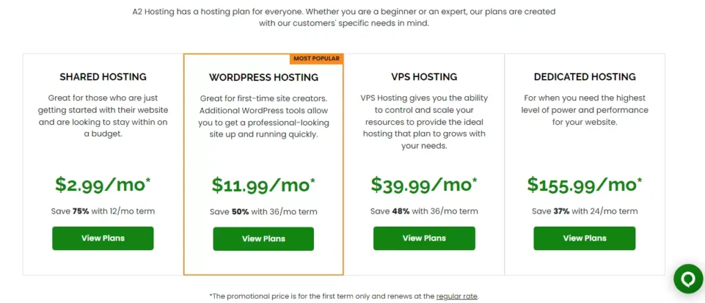 Screenshot of A2 Hosting's pricing plans: Choose from different affordable plans to host your website with A2 Hosting.