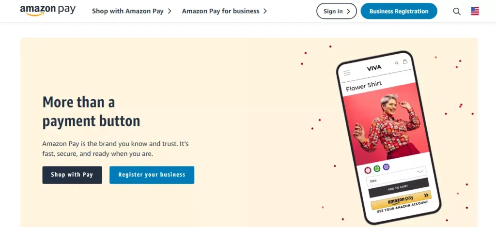 Amazon Pay payment gateway - Fast and secure online payments for businesses and customers, powered by Amazon - Screenshot of Amazon Pay website interface
