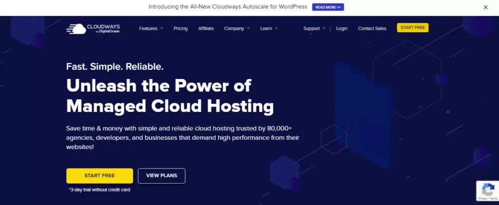 Cloudways web hosting homepage screenshot showcasing its features and services