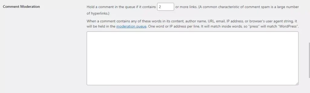 WordPress discussion settings: comments moderation IP blocking