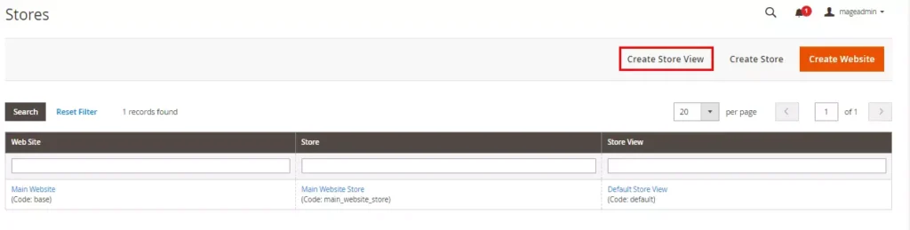Creating a new store view in Magento: Screenshot demonstrating the process of adding a store view for a multi-language e-commerce store setup.