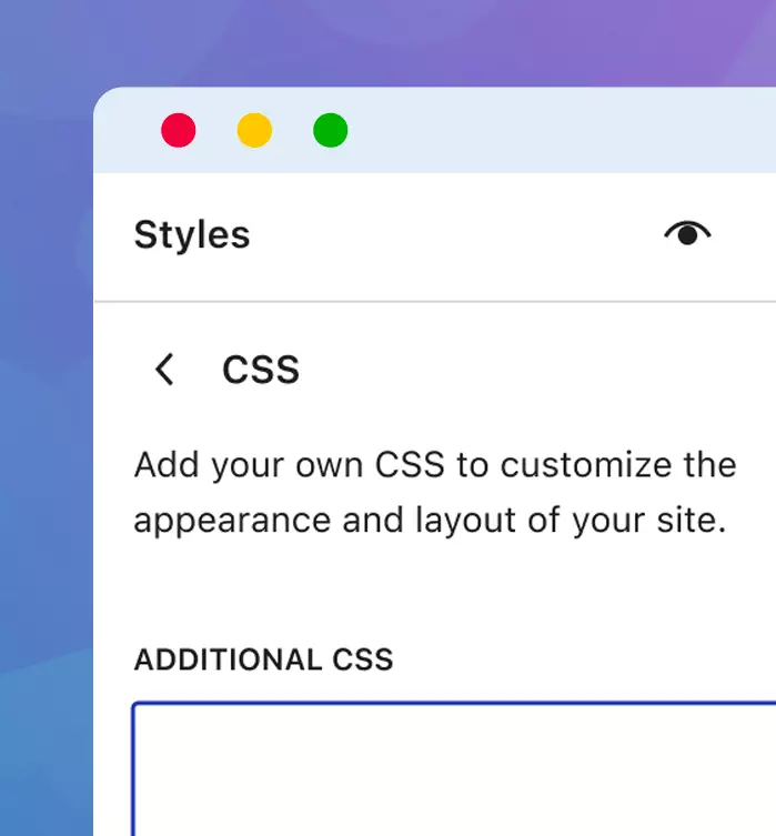 Screenshot demonstrating the Custom CSS feature in WordPress 6.2, enabling users to easily apply custom styling to specific blocks or the entire theme for a personalized website design