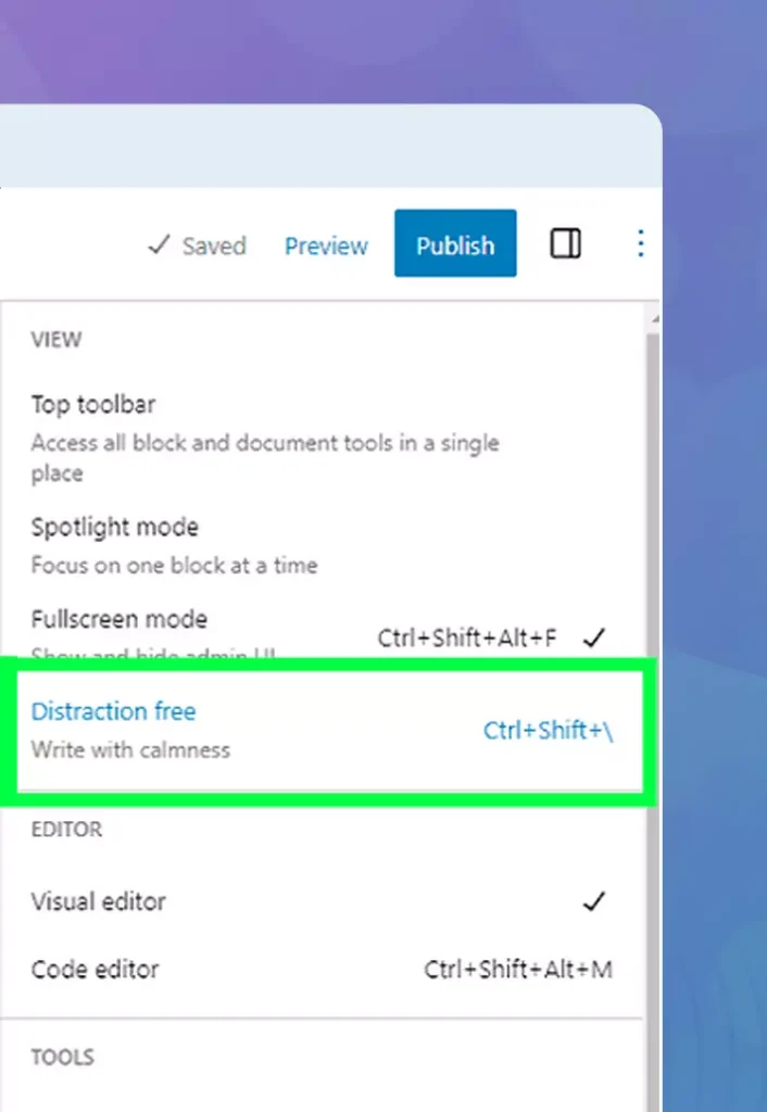 "Screenshot showcasing the distraction-free mode in WordPress 6.2, providing a clean and focused editing environment for users