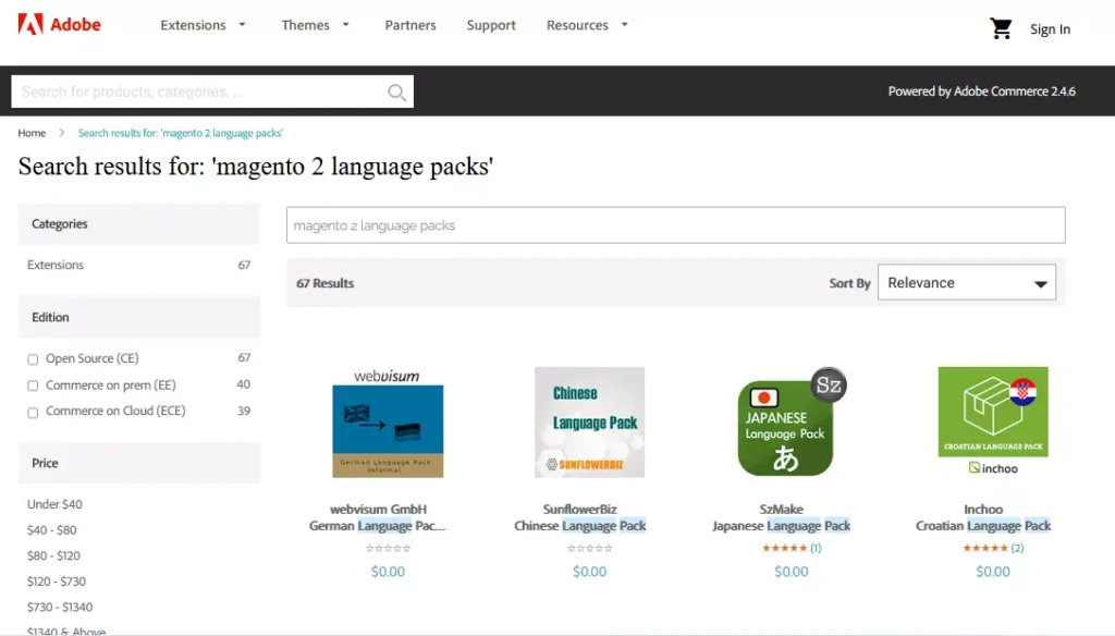 Magento Marketplace screenshot: Displaying the go-to platform for downloading Magento language packs, enabling seamless multi-language store setup.