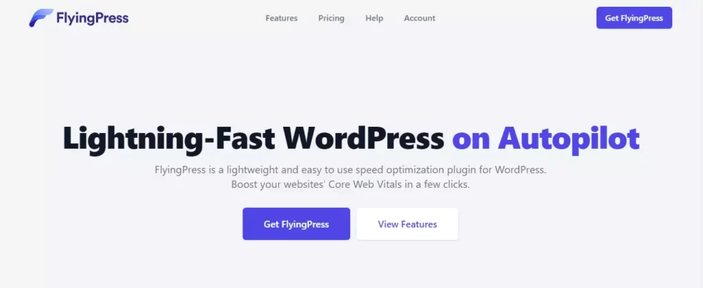 Screenshot of FlyingPress plugin website. Improve website speed and performance with this all-in-one WordPress optimization plugin. FlyingPress plugin homepage.